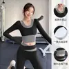 Conjunto de Yoga para Mulheres, Falso Duas Peças, Manga Longa com Bojo, Color Block, Cintura Alta, Calça Levanta Bumbum, Roupa de Ginástica Pilates para Esportes, Outono