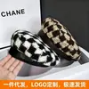 Boina de Moda con Ribete de Piel para Mujer, Boina de Lana Tejida para Otoño e Invierno, Sombrero de Pintor Versátil de Moda Japonés con Estampado de Espiga