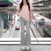 Jeans Ajustados Elásticos con Puntadas de Encaje Estilo Girly para Mujer 2024 Nuevos de Color Claro Cintura Alta Adelgazantes con Pierna de Campana