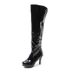 Botas largas de charol transfronterizas para otoño e invierno con plataforma impermeable, punta redonda, tacón alto, tallas grandes para mujer, tacón de aguja versátil, cremallera lateral, botas estilo Martin