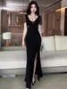 Vestido de Noite, Vestido Sexy de Alta Qualidade, Macacão para Banho de Pés em Boate, Mangas Longas de Tela de Técnico, Saia Longa com Fenda para Mulheres