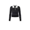 Camiseta tipo polo a rayas con bloques de color estilo Miu para mujer, adelgazante, para usar en capas, top con solapa, otoño