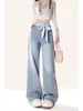 Pantalones de Mezclilla Estilo Americano con Cremallera Lateral y Lazo para Mujer, Diseño de Verano, Cintura Alta, Adelgazantes, Pierna Ancha, Largo hasta el Suelo