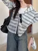 Cárdigan con capucha a rayas de bloques de color para primavera y otoño para mujer, Top tipo camiseta holgado chic relajado de manga larga, Abrigo protector solar
