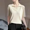 Estilo Verão Novo Tencel Linho Fio Pontilhado Feminino Gola Lapela Tricô Meia-Manga Camiseta Top Fino Pulôver