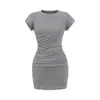 Vestido Plisado Ins Spicy Girl con Mangas Acampanadas, Ajustado al Cuerpo que Realza la Cintura, Ajuste Delgado, Color Sólido, Manga Corta, Color Sólido, Hombros Descubiertos, Minivestido