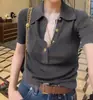 Camisa de Punto Azul de Manga Corta con Cuello Estilo Francés para Mujer, Verano, Gama Alta, Elegante, Ajustada, Talla Única