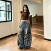Jeans Rasgados Azules Estilo Retro Americano para Mujer con Diseño de Estampado de Letra Personalizado, Pantalones Casuales de Pierna Ancha Largos hasta el Suelo