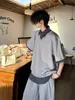 Camiseta Masculina de Verão Patchwork Falsa de Duas Peças Manga Curta Gola Camisa Senso de Design Nicho High Street Americana Manga de Cinco Pontos