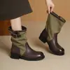 Botas de tornozelo estilo Western com patchwork retrô, salto grosso, botas de moda com sola grossa, nova coleção 2026, botinas estilo britânico, botas femininas impermeáveis de cano curto