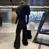 Calça de trabalho larga com bordado de slogan estilo americano para homens, calça da moda de outono, escura, solta, boca de sino, comprimento total