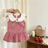 Roupa Infantil Vestido Sem Manga para Meninas Verão Crianças Bebê Menina Estilo Preppy Gola Xadrez Laço Vestido Princesa