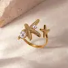 Anillo de Acero Titanio con Estrella de Mar y Caracola de Presión de Aceite para Mujer con Incrustaciones de Circonita Diseño a Juego Joyería de Playa de Verano Venta al por Mayor