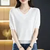 2026 Verano Seda de Hielo Holgado Cuello en V Manga Corta Tejido de Seda de Hielo Top para Mujer Verano Estilo Coreano Holgado Adelgazante Camiseta Base Top