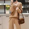 Traje Casual de Moda Gris para Mujer, Nuevo Estilo de Otoño, Elegante Top de Manga Larga con Cuello en V que Rejuvenece, Pantalones Casuales de Pierna Ancha de Cintura Alta