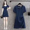 Em Estoque: Vestido Casual Retrô Estilo Francês em Jeans Lavado, Emagrecedor e Estiloso, Azul Claro, Tamanho Único, Outras Cores Disponíveis
