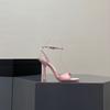 Nuevos Zapatos de Tacón Alto de Raso con Lazo de Verano para Mujer Sexy con Letra de Pedrería Estilete Sandalias de Punta Abierta Rosa