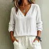 Top casual feminino de algodão e linho, manga longa, gola V, da Amazon, estilo solto, moderno, de fronteira, novo, europeu e americano, para primavera e verão 2026