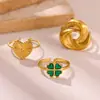 Anillo de Trébol de Cuatro Hojas Verde con Goteo de Aceite Transfronterizo, Simple y Fresco, Anillo de Flor Mariposa con Forma de Corazón, Estilo de Nicho, Venta al por Mayor para Mujeres