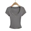 Camiseta de Verano Estilo Puro Deseo Ajustada Cintura de Reloj de Arena Hombro Normal Top Sexy de Manga Corta con Cuello en V Profundo Estilo Chica Caliente Americana para Mujer