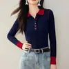 Venta directa del fabricante: Ropa de Mujer de Estilo Americano para Comercio Exterior, Suéter de Punto de Manga Larga Ajustado con Bloques de Color, Adecuado para Usar en Capas o Solo