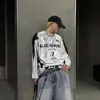 Camiseta de Manga Larga Jersey Plateado Americana para Hombres y Mujeres con Estampado de Letras en Contraste Marca Trendy de Parejas Deportivas Top de Cuello Redondo