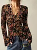 Camisa estampada cruzada europea y americana otoño 2026 nueva para mujer, corte ajustado, estilo retro, adecuada para el trabajo y las vacaciones