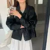 Chaqueta de cuero estilo BF retro elegante con solapa y bolsillo con cremallera, holgada y versátil, para mujer, de Dongdaemun, Corea