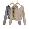 25 Camiseta de Temporada Otoñal con Cuello de Lazo Off-Shoulder, Manga Larga Ajustada, Top Básico con Tirantes Irregulares