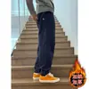 Calça Casual Esportiva Reta Grossa Tendência Unissex Forrada com Fleece Outono/Inverno 2025 Quente Solta Confortável Versátil