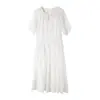 Vestido Elegante Versátil de Gola com Laço em Tencel para Mulheres, Nova Chegada de Verão, Cor Sólida, Manga Curta, Saia Evasê
