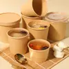 Balde de sopa de papel kraft, espessado, à prova de vazamentos, com tampa, para barracas de café da manhã, uso comercial, para mingau e sopa quente, recipiente de papel de grau alimentício