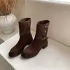 Botines vaqueros con hebilla de remache retro de 4,5 cm, nuevo modelo otoño/invierno 2026, punta redonda, tacón grueso, botines cortos adelgazantes y versátiles