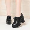 Dropshipping Sapatos Baixos de Salto Grosso com Boca Profunda para Mulheres na Primavera e Outono Novos Sapatos de Couro com Cadarço de Salto Alto Plataforma Impermeável Versáteis Sapatos de Trabalho