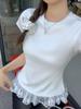 Diseño de Algodón Puro Estilo Ballet Encaje Manga Corta Camiseta para Mujer en Verano Look Adelgazante Capa Interior Camiseta Base Top