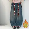 Calças Jeans Cropped Femininas de Inverno Espessas com Forro de Fleece para Crianças de Meia-Idade e Mais Velhas, Painel Traseiro Espessado, Fechamento Frontal com Botões, Jeans Estilo 'Dad', Calças de Pernas Largas Quentes