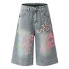 Shorts Jeans Lavados Graffiti Femininos Verão Tendência Marca Soltos Retrô Desgastados Pernas Largas Casuais Americanos Cropped Tendência