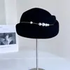 Boina de Cadena de Perlas y Pedrería Estilo Chanel para Mujer, Sombrero de Fieltro de Lana Australiana para Otoño e Invierno, Bombín Cóncavo Irregular, Sombrero de Azafata