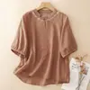 Camisa Curta de Algodão e Linho Bordada Retrô para Mulheres, Estilo Pequeno Top de Temperamento Redutor de Idade para o Verão, Camisa de Linho de Cor Sólida com Temperamento