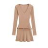 Vestido de Punto Sexy Estilo Francés para Chica Picante, Cuello en V, Antirrayas, Manga Larga, con Cinturón, Ajustado a la Cintura, Vestido Base Corto para Mujer