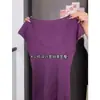 Top Base Morado Sexy de Cuello en U Amplio para Mujer, Ropa Interior Acanalada Estilo Bm de Verano, Suéter de Punto Delgado que Ceñe la Cintura con Mangas Cortas Volantes