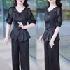 Traje Casual para Mujer Nuevo Estilo de Verano para Mujer Lujo Ligero Gama Alta Delgado Top de Manga Corta Pantalones de Pierna Ancha Conjunto de Dos Piezas con Temperamento