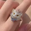Anel de Gato Levemente Luxuoso com Design Único de Nicho, Coroa Cravejada de Diamantes, Anel Aberto com Laço, Anel de Joia de Alta Qualidade