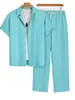 Moda de Verano Casual Camisa de Manga Corta Traje para Hombre de Moda Color Sólido Pantalones Largos Conjunto de Dos Piezas Traje Blanco Crudo