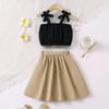 Top camisola negro para niñas, ropa infantil europea y americana, nuevo conjunto versátil retro de falda hasta la rodilla de cintura media-baja para niñas