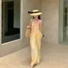 Vestido Largo Amarillo Elegante Estilo Resort de Playa con Escote en V Degradado y Tirante con Cremallera para Mujer Verano Transfronterizo