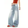 Jeans Rectos Azul Medio para Mujer Verano Nuevo Estilo Retro Americano Blancos Desgastados Casuales Sueltos de Pierna Ancha Pantalones Largos hasta el Suelo
