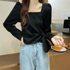 Camisa Top Feminina Outono Vintage Chic Coreana Emagrecedora Gola Quadrada Cadarço Irregular Design Irregular Manga Longa Solta