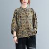 Foto Real de Camisa de Algodón y Lino Estilo Vintage Artístico Talla Grande Nueva Colección Primavera y Otoño 2026, Top Holgado Estampado para Mujer