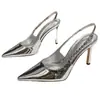 Nueva colección de verano 2026: Tacones plateados de punta alta para mujer con adornos de pedrería, tacones de aguja elegantes y con estilo, sandalias de tacón alto para mujer